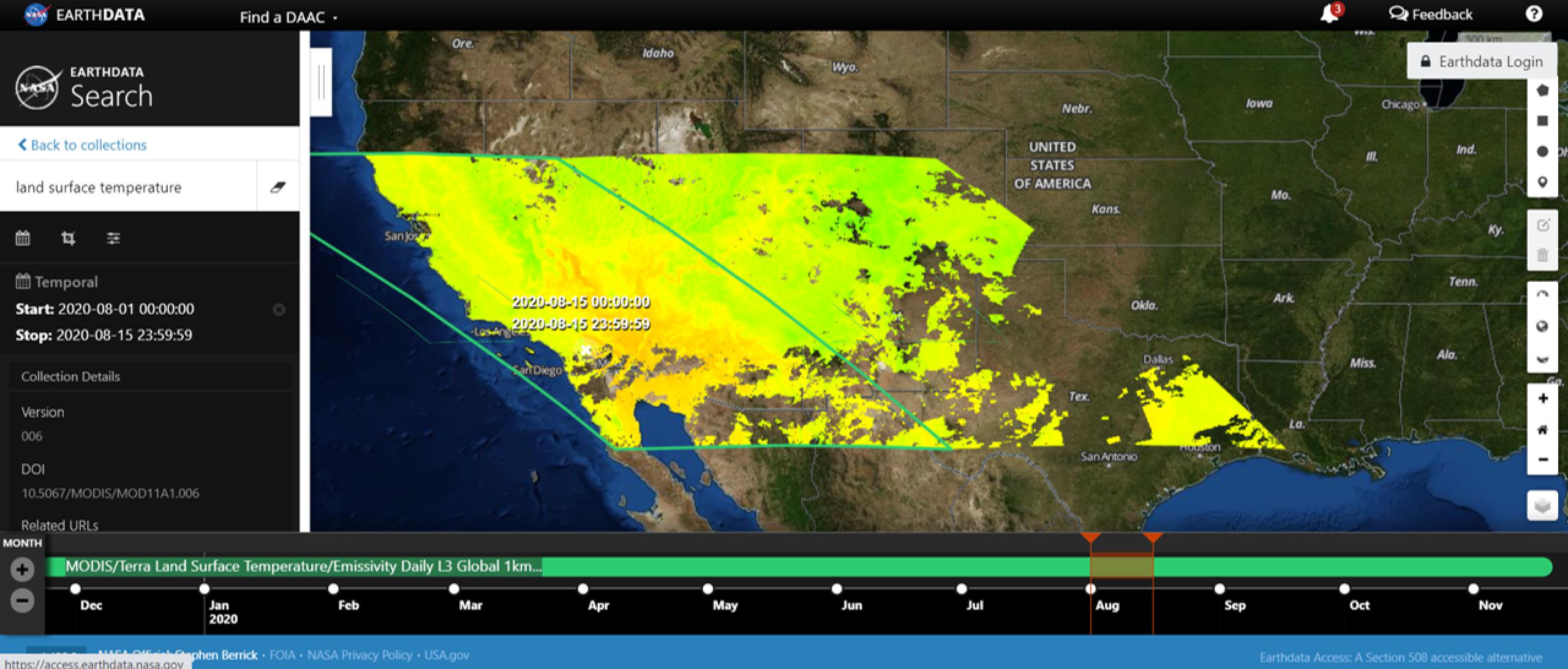 Screenshot of satellite data of the United States with the west coast colored shades or orange, yellow and green