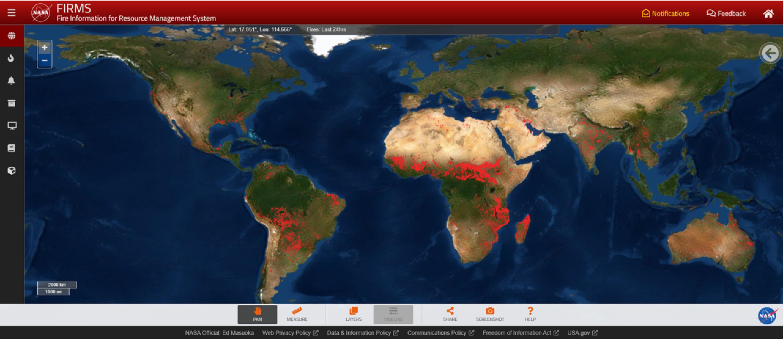 Screenshot of fire data across the world map