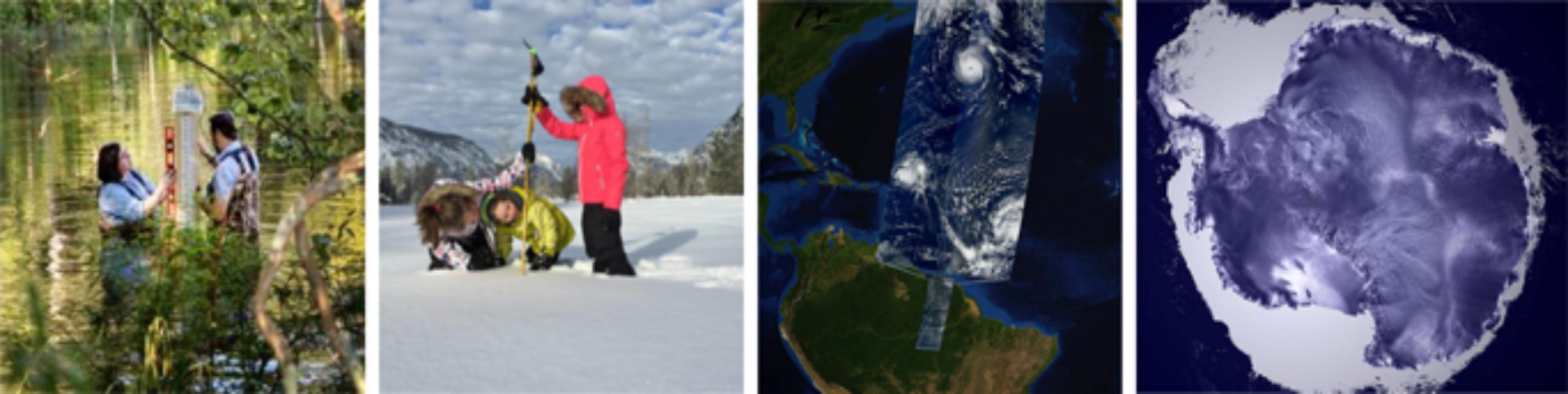Collage of 4 photos: female and male measuring water, group of 3 people measuring snow, earth satellite data, satellite data of antarctica