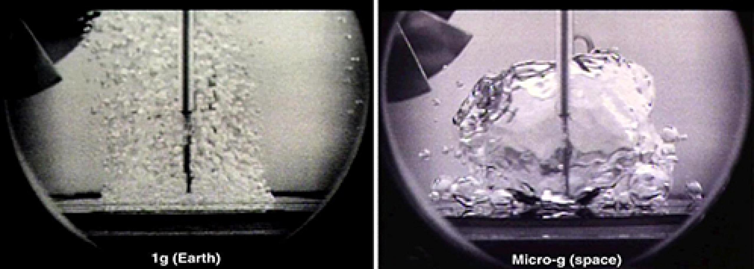 Split screen showing boiling water as it appears on Earth and in microgravity.