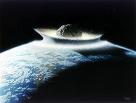 Artist's concept of a catastrophic asteroid impact with the Earth.