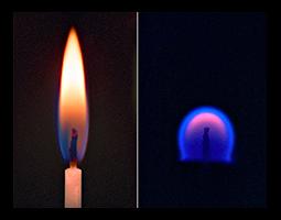 Split-frame image depicting a typical flame on Earth and as it appears in microgravity as a blue, rounded flame.